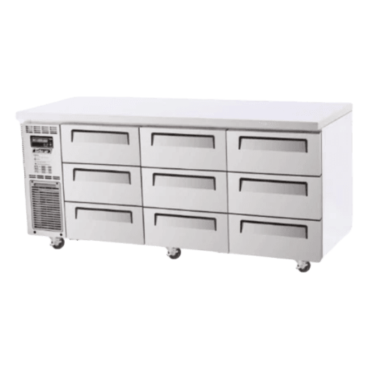 Stainless steel 9-drawer underbench fridge with digital control panel and caster wheels.