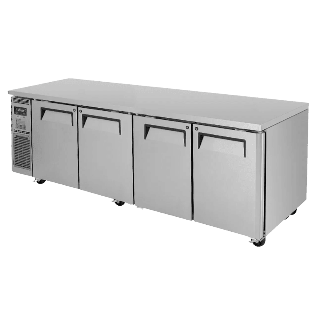 Stainless steel Turbo Air KUR24-4-N underbench fridge with four solid doors and caster wheels.