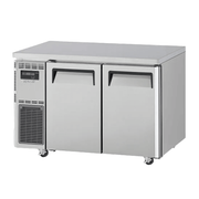 Stainless steel underbench fridge/freezer with two solid doors and integrated ventilation grille.