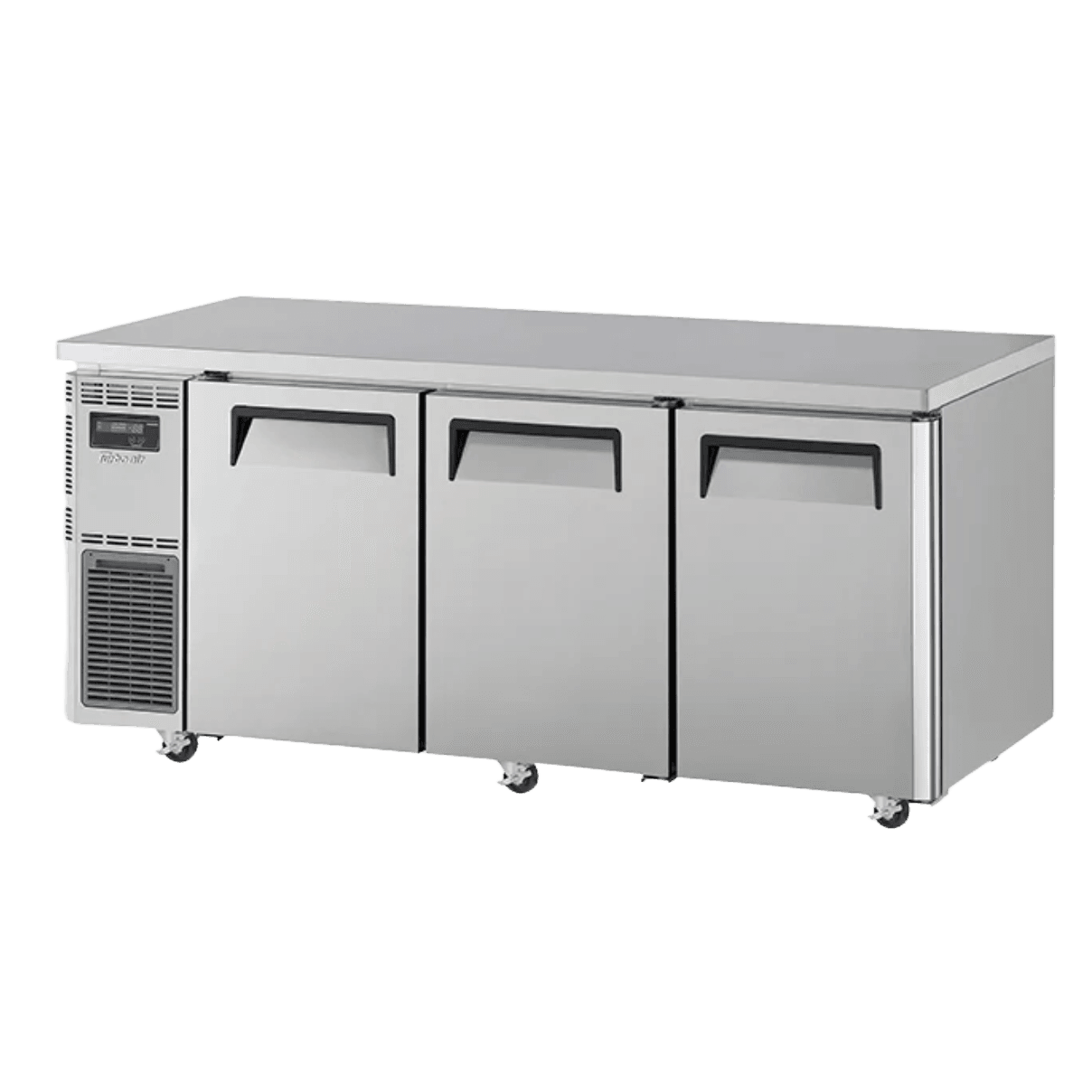 Stainless steel underbench fridge/freezer with three solid doors and digital control panel on left side.