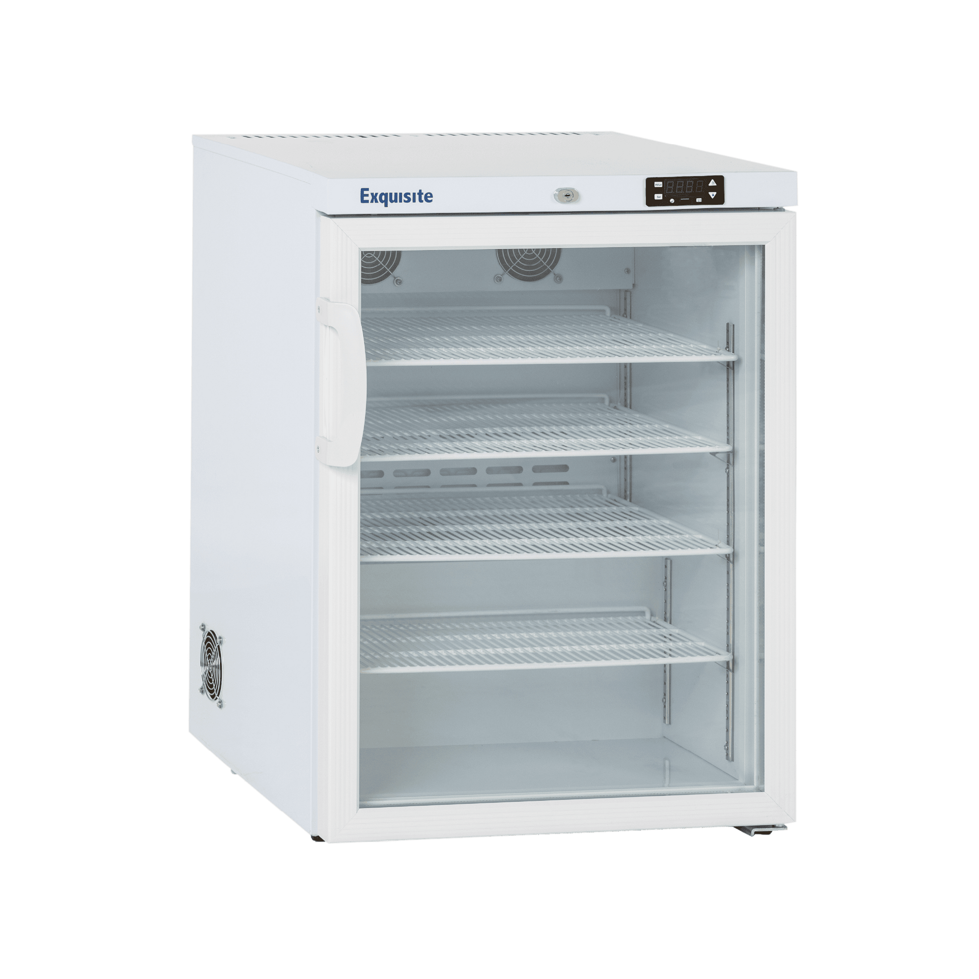 White Exquisite MV150 vaccine refrigerator with glass door and three wire shelves.