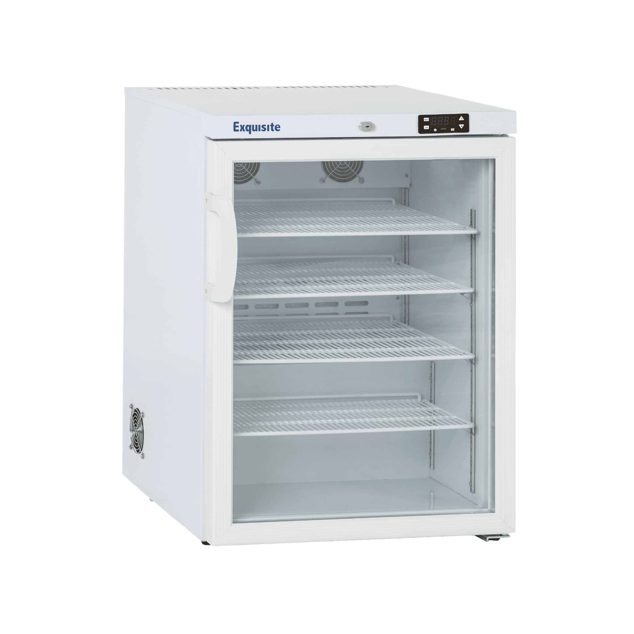 White Exquisite MV150 vaccine refrigerator with glass door and three wire shelves.