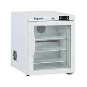 White Exquisite MV30 vaccine refrigerator with glass door, digital control panel, and three wire shelves.