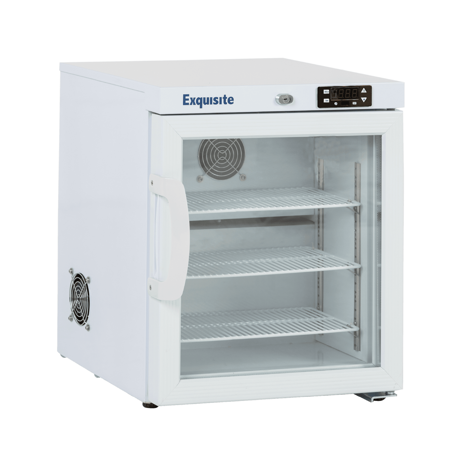 White Exquisite MV30 vaccine refrigerator with glass door, digital control panel, and three wire shelves.