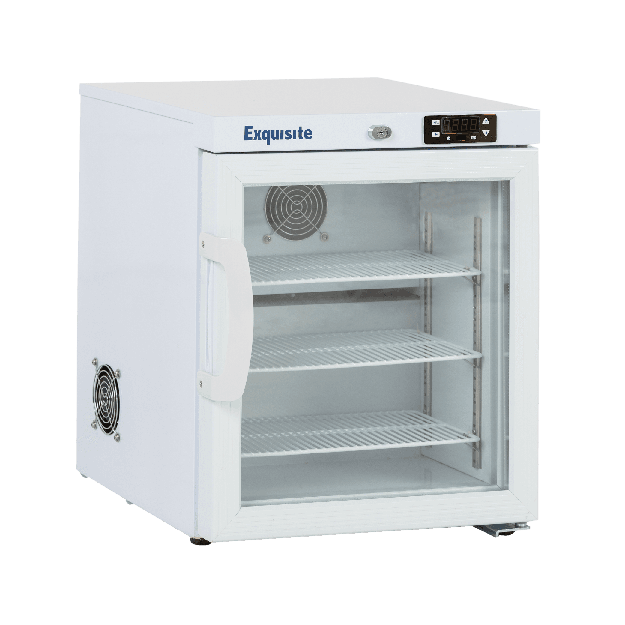 White Exquisite MV30 vaccine refrigerator with glass door, digital control panel, and three wire shelves.