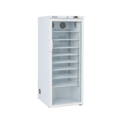 White vaccine refrigerator with glass door and multiple adjustable shelves, digital temperature display at top.