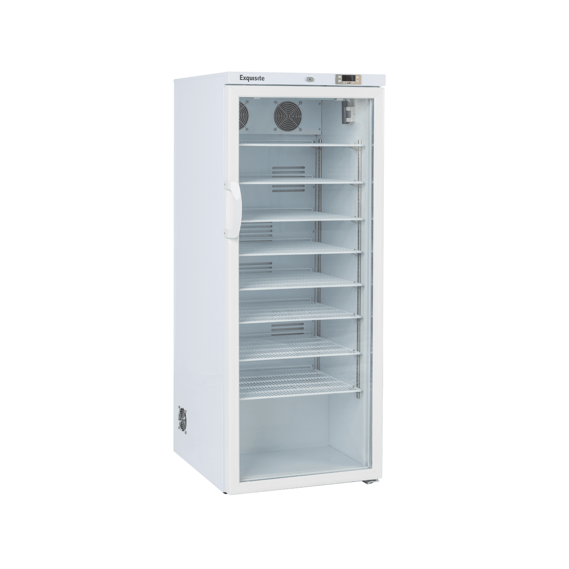 White vaccine refrigerator with glass door and multiple adjustable shelves, digital temperature display at top.