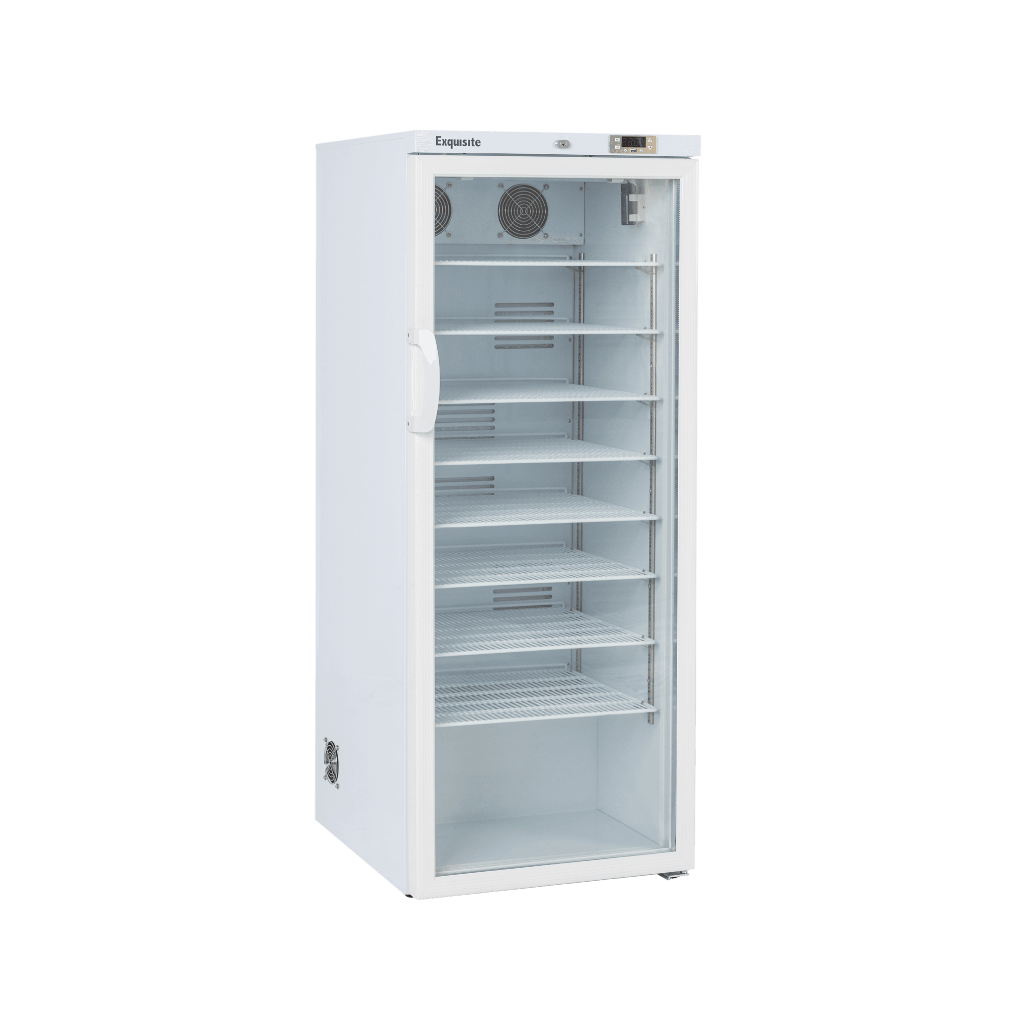 White vaccine refrigerator with glass door and multiple adjustable shelves, digital temperature display at top.