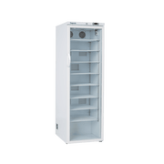 White tall vaccine refrigerator with glass door, six adjustable shelves, and digital control panel on top.