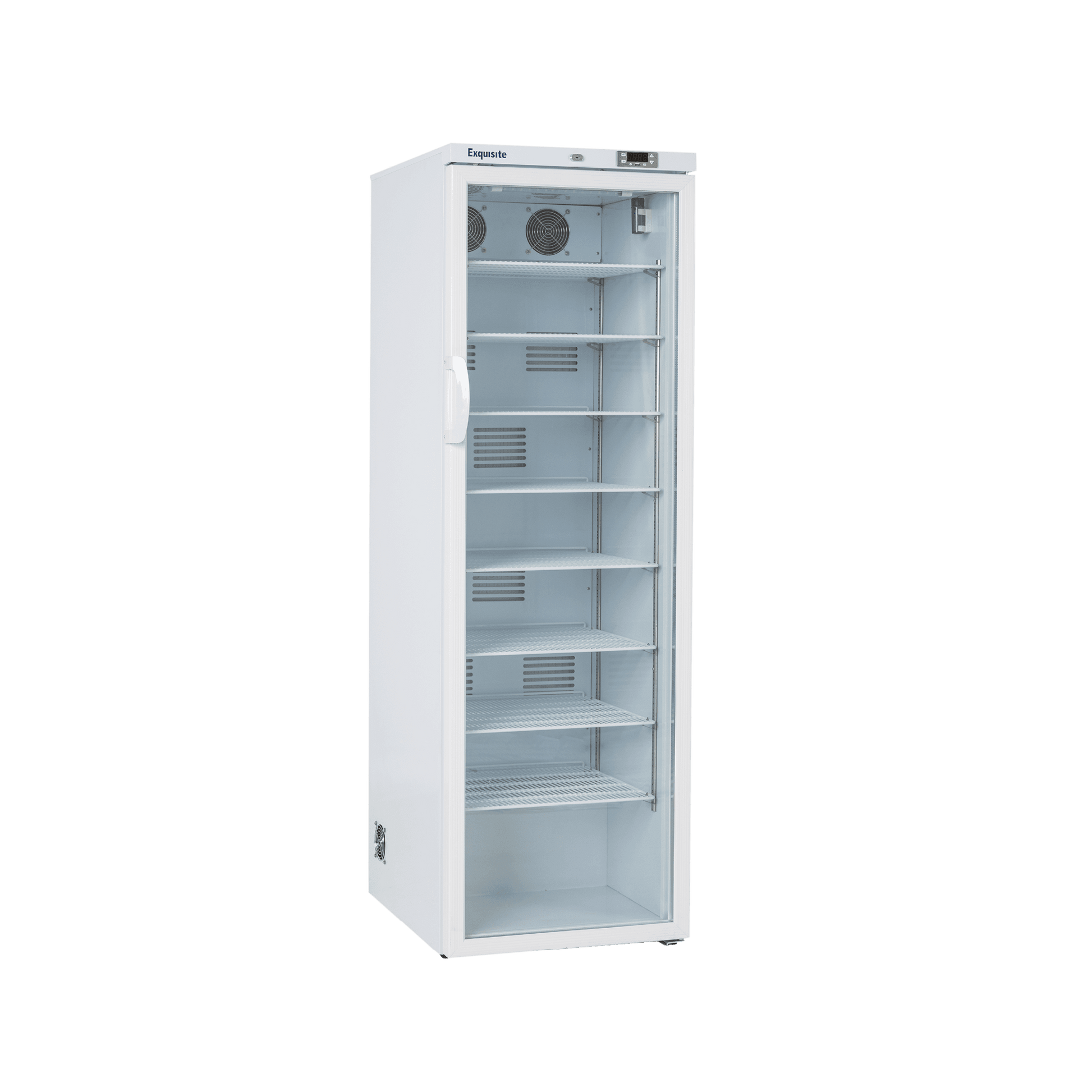 White tall vaccine refrigerator with glass door, six adjustable shelves, and digital control panel on top.