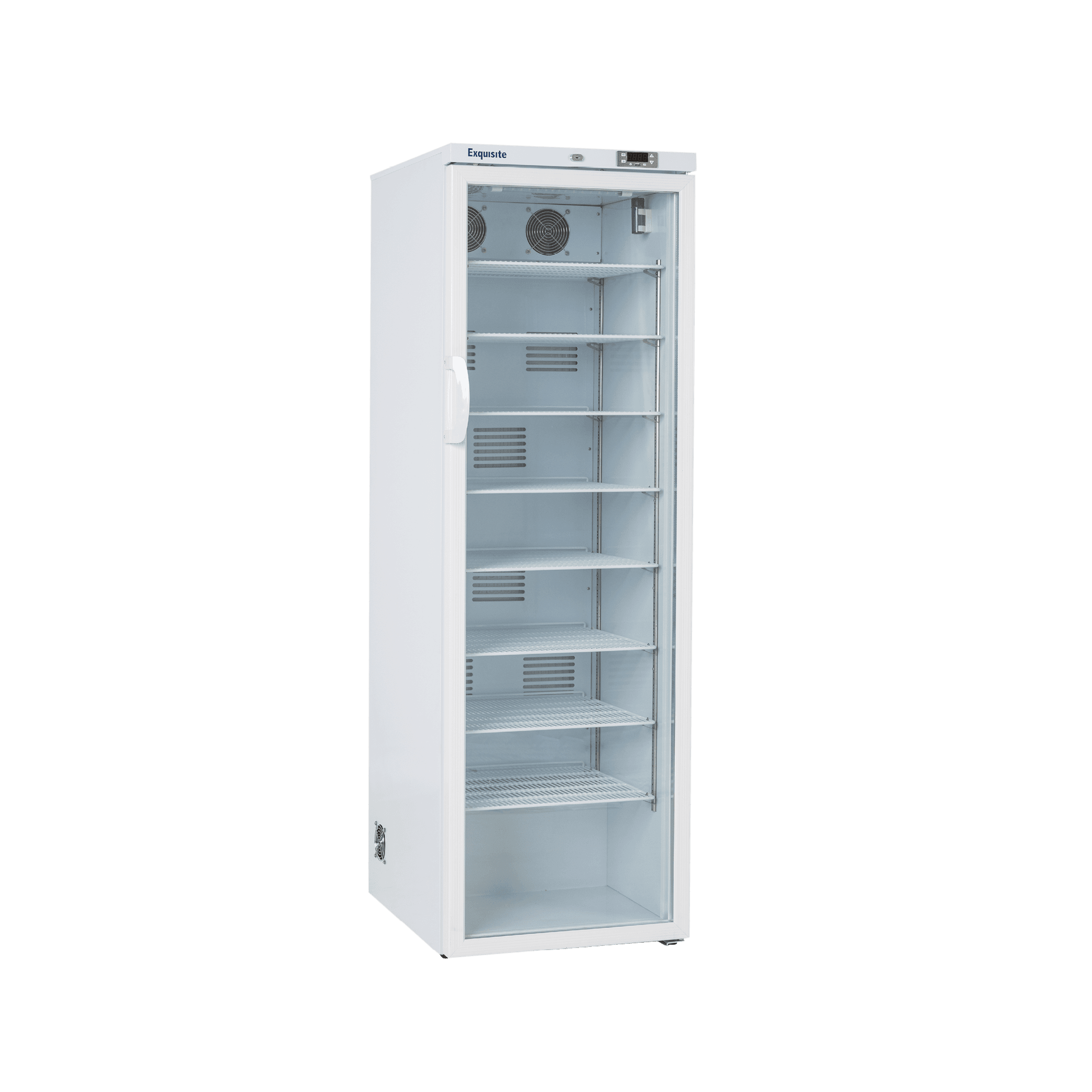 White tall vaccine refrigerator with glass door, six adjustable shelves, and digital control panel on top.