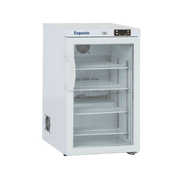 White Exquisite MV60 vaccine refrigerator with glass door, digital display, and metal shelves.