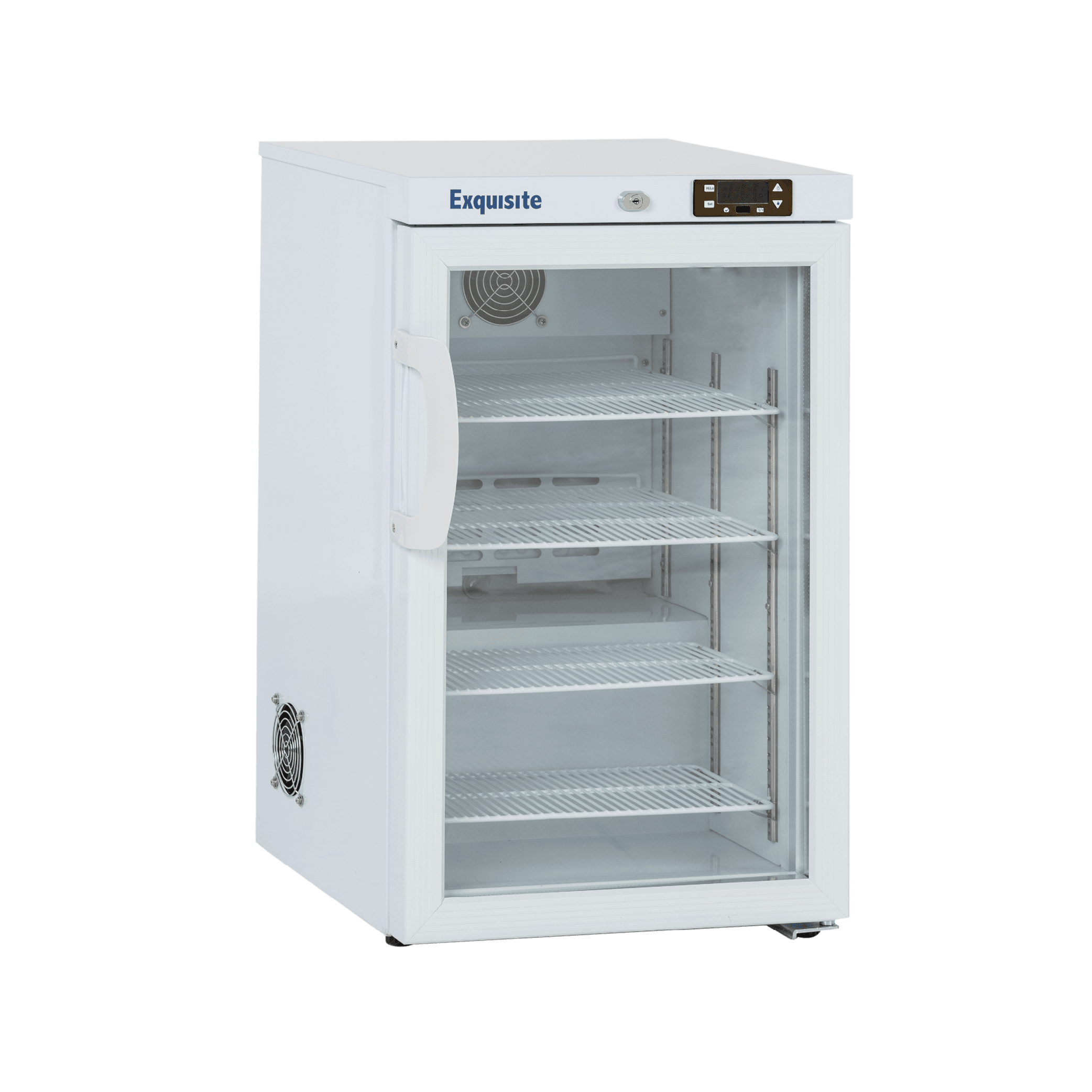 White Exquisite MV60 vaccine refrigerator with glass door, digital display, and metal shelves.