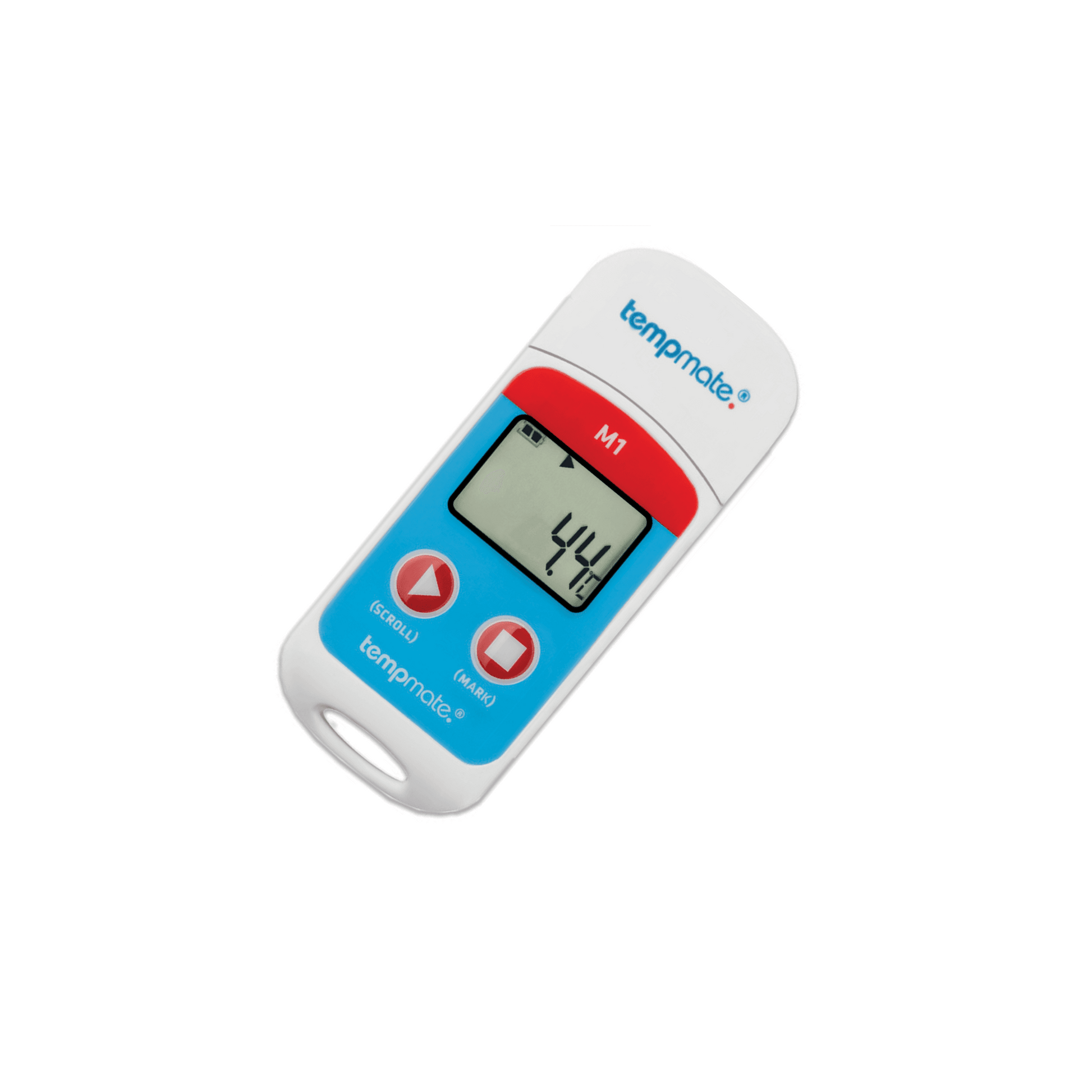 Digital vaccine refrigerator temperature monitor with white and blue plastic casing and LCD display reading 4.4°C.