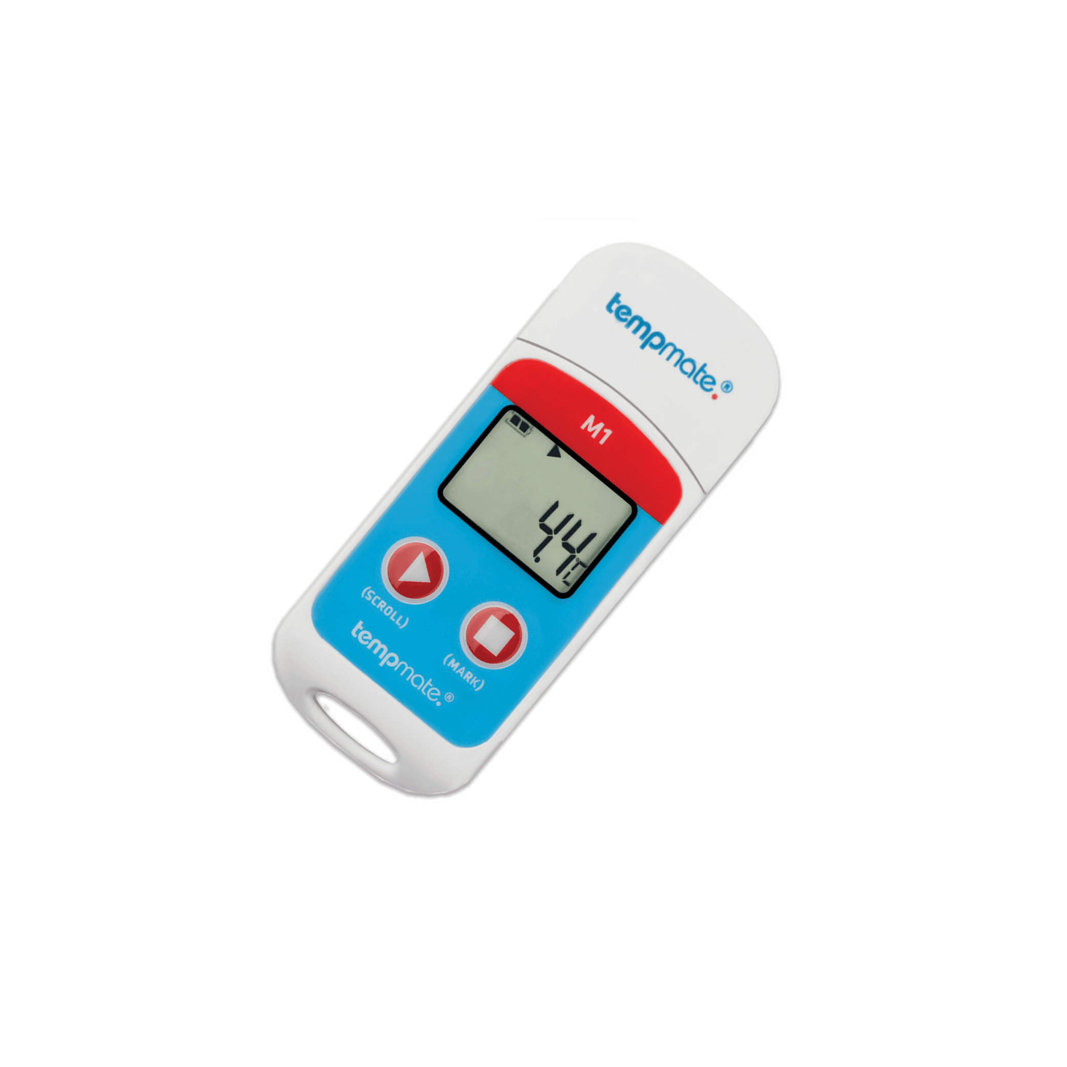 Digital vaccine refrigerator temperature monitor with white and blue plastic casing and LCD display reading 4.4°C.