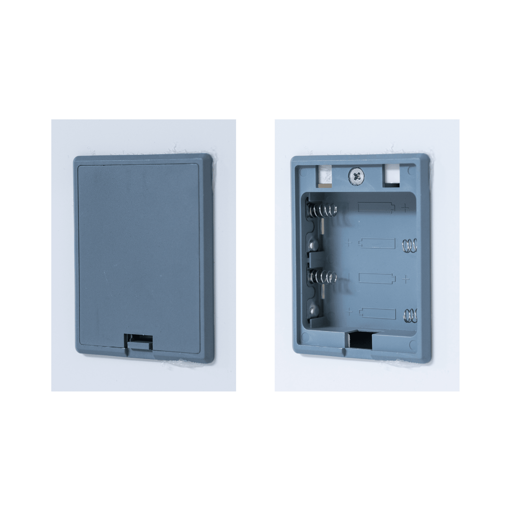 White painted steel medical refrigerator panel with gray access door and internal locking mechanism details.