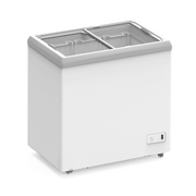White flat glass chest freezer with two sliding doors and three internal wire baskets.