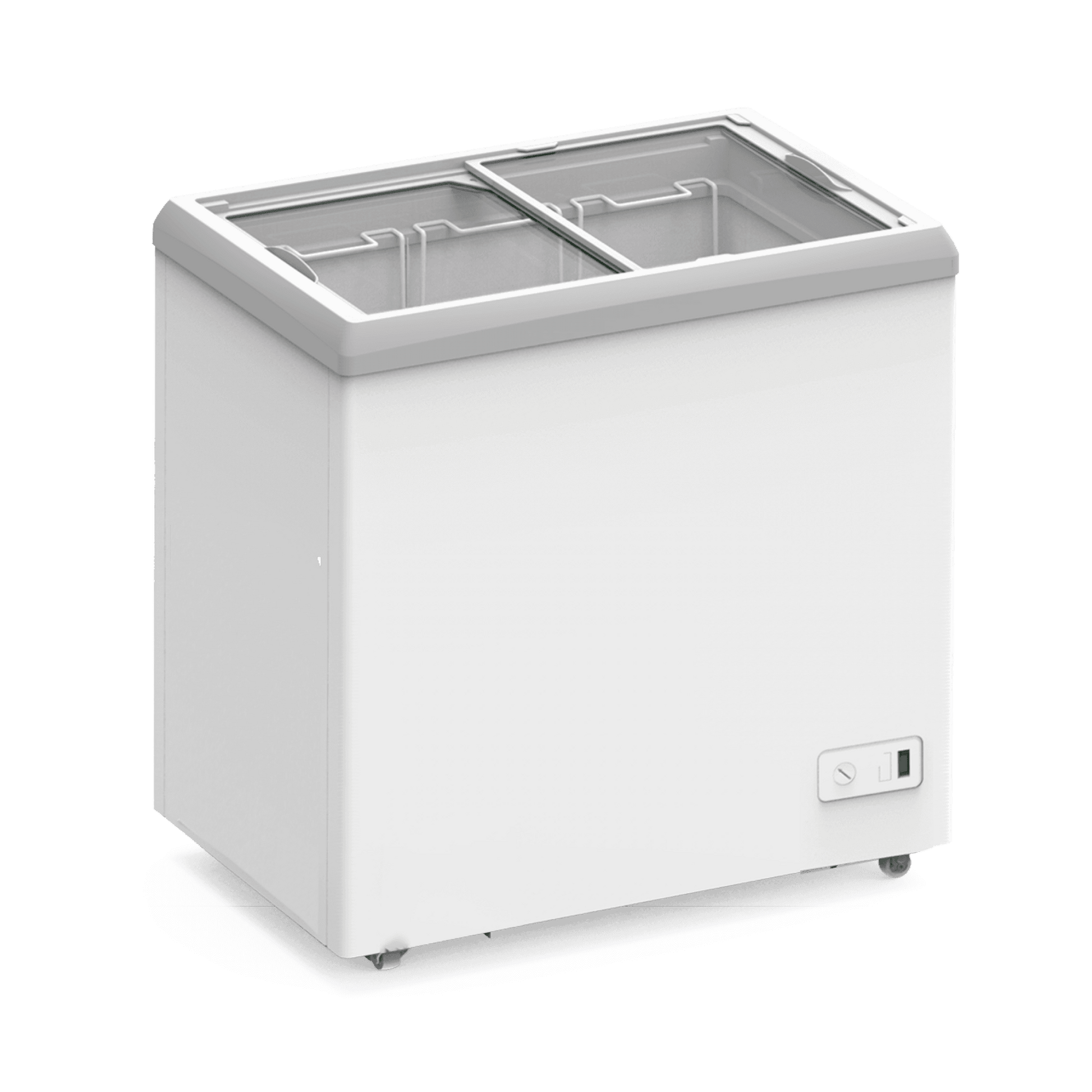 White flat glass chest freezer with two sliding doors and three internal wire baskets.