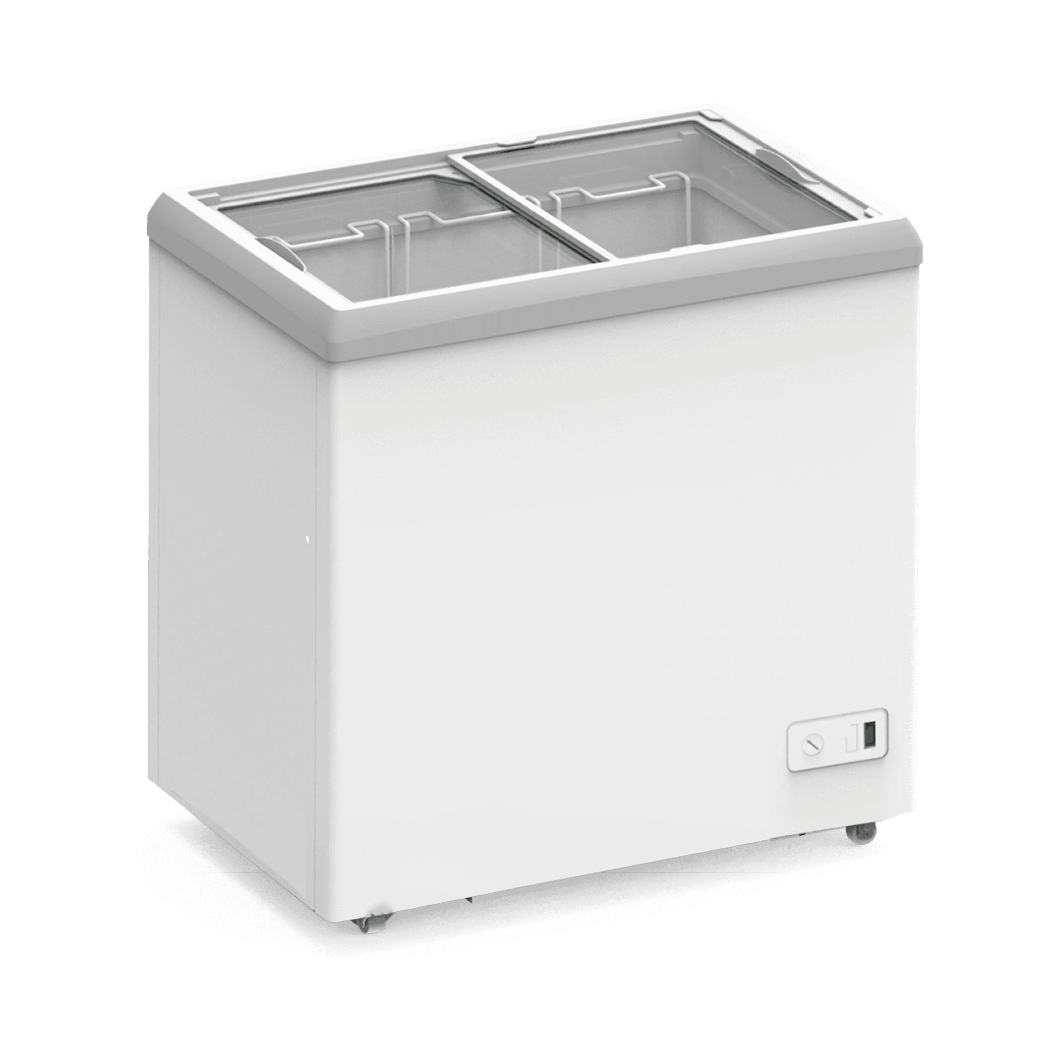 White flat glass chest freezer with two sliding doors and three internal wire baskets.