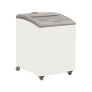White curved glass display chest freezer with painted steel panels and caster wheels.