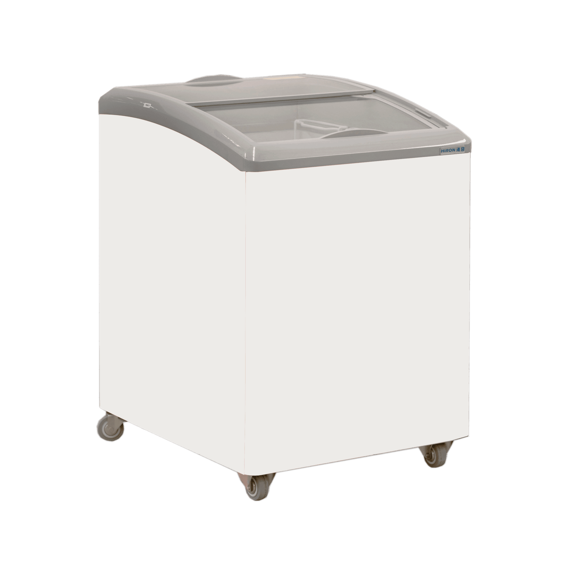 White curved glass display chest freezer with painted steel panels and caster wheels.