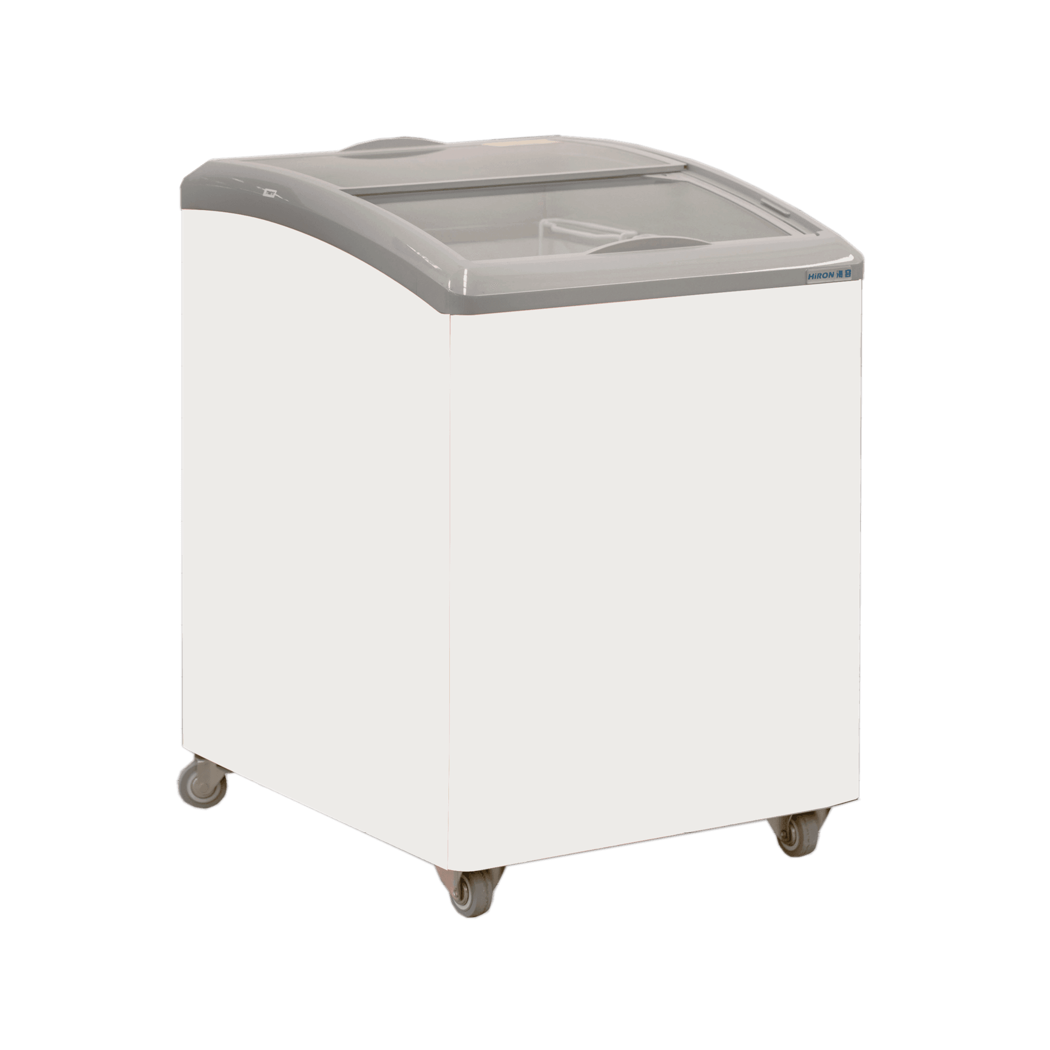 White curved glass display chest freezer with painted steel panels and caster wheels.