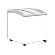 White curved glass display chest freezer with three sliding lids and caster wheels.