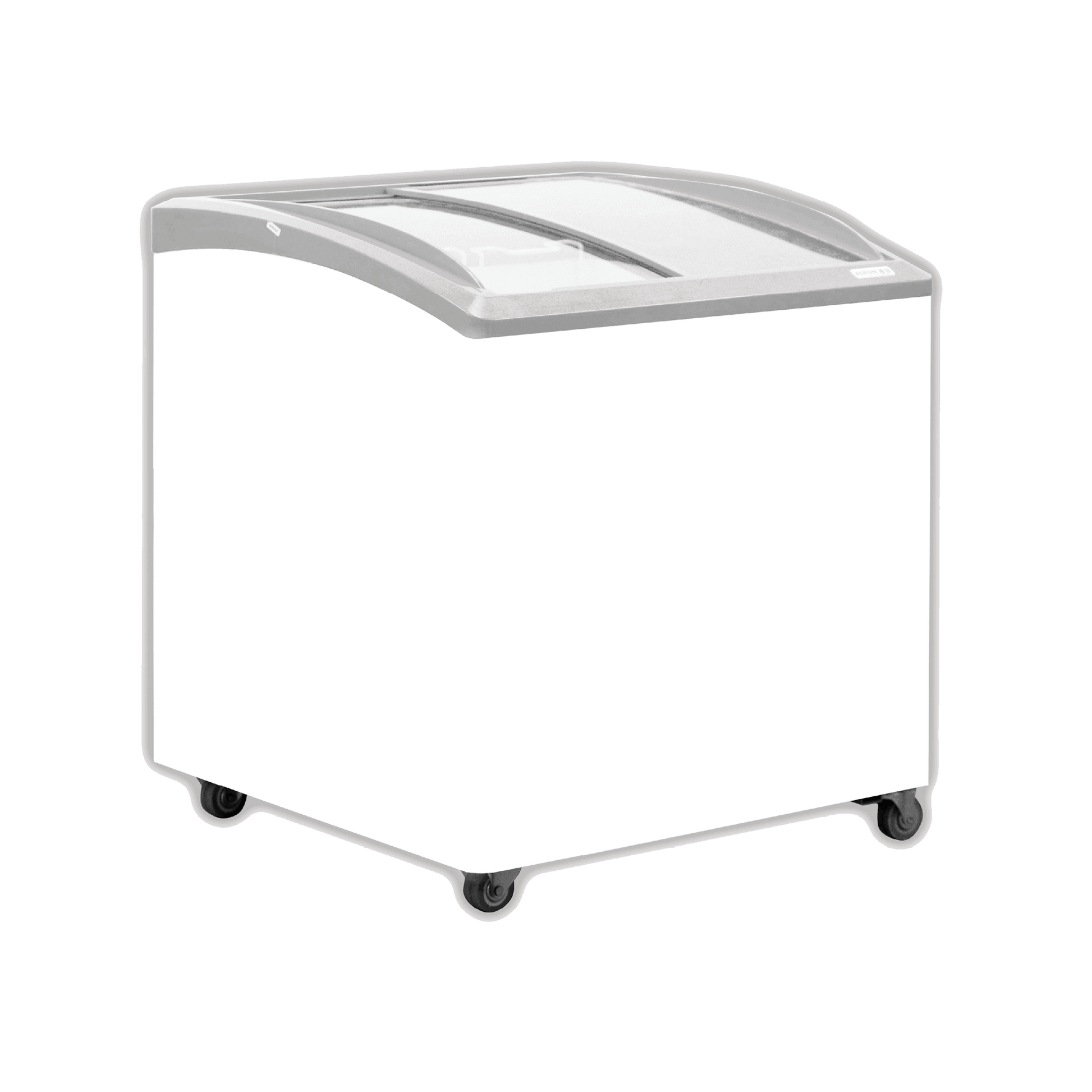 White curved glass display chest freezer with three sliding lids and caster wheels.