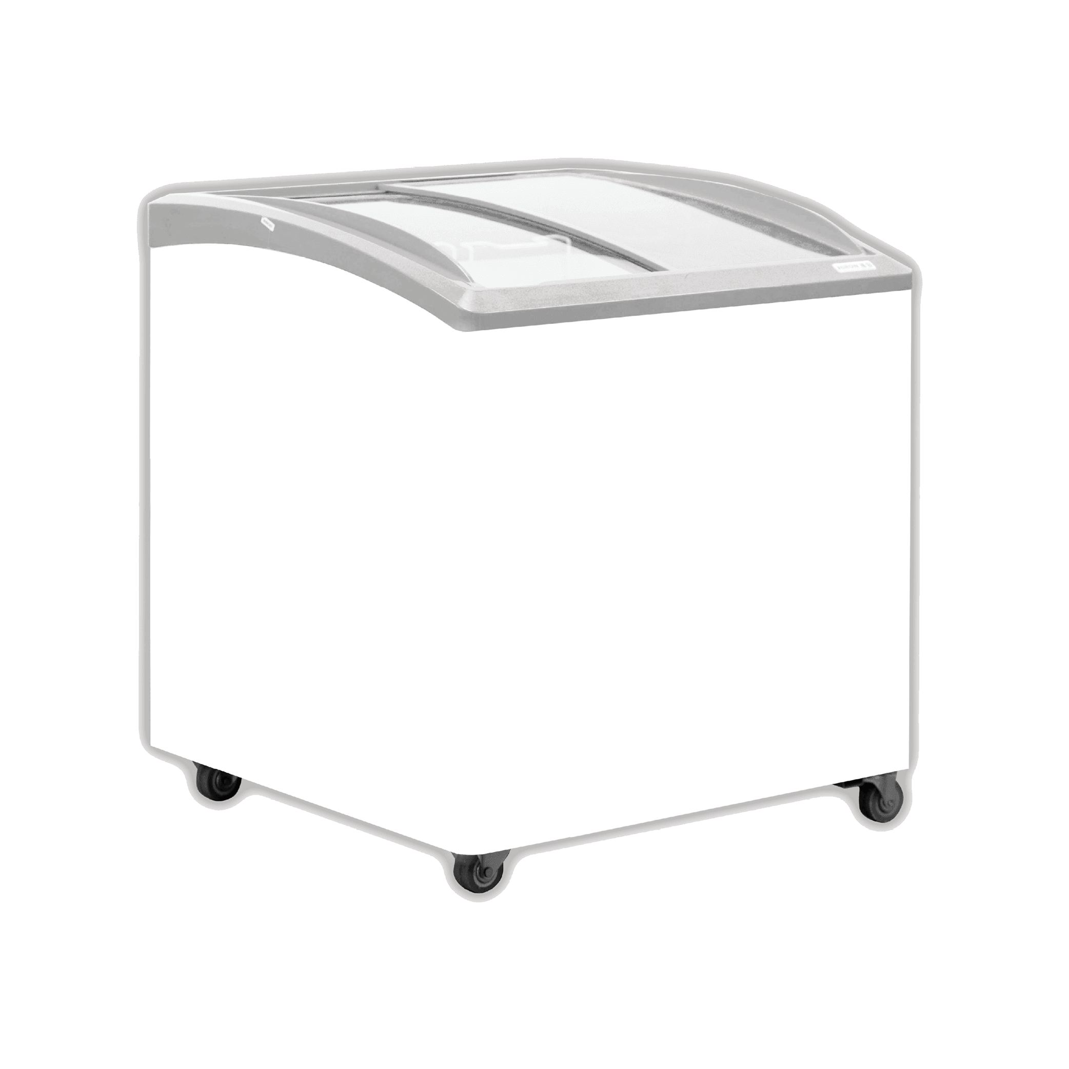 White curved glass display chest freezer with three sliding lids and caster wheels.