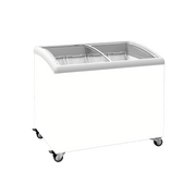 White curved glass chest freezer with four interior baskets and caster wheels.