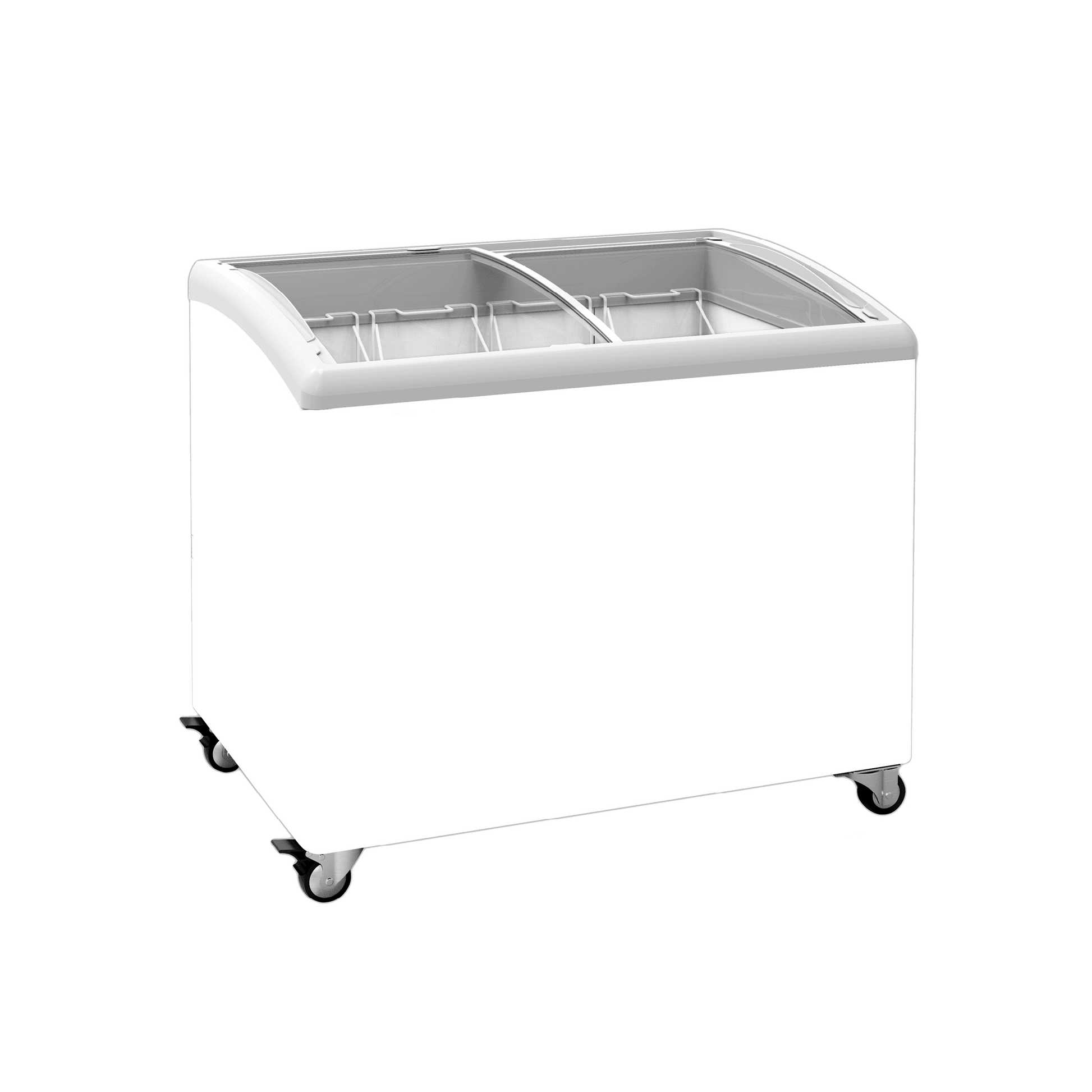 White curved glass chest freezer with four interior baskets and caster wheels.
