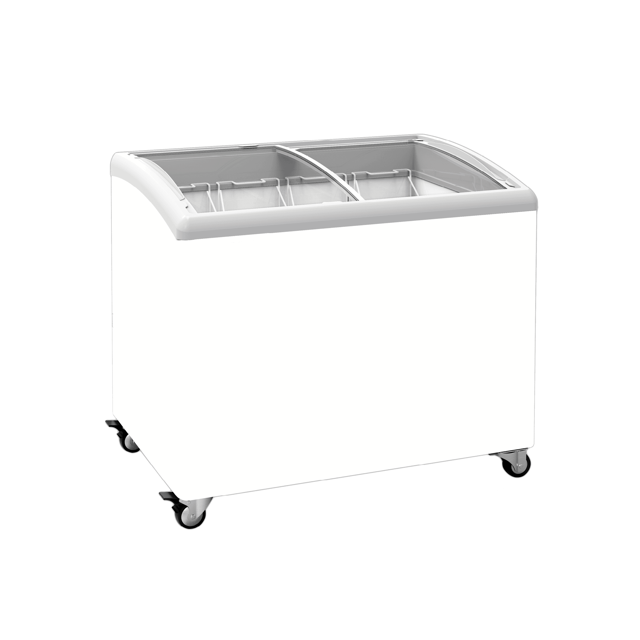 White curved glass chest freezer with four interior baskets and caster wheels.