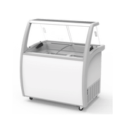 White six-tub ice cream gelato scooping freezer with glass sneeze guard and bottom storage door.