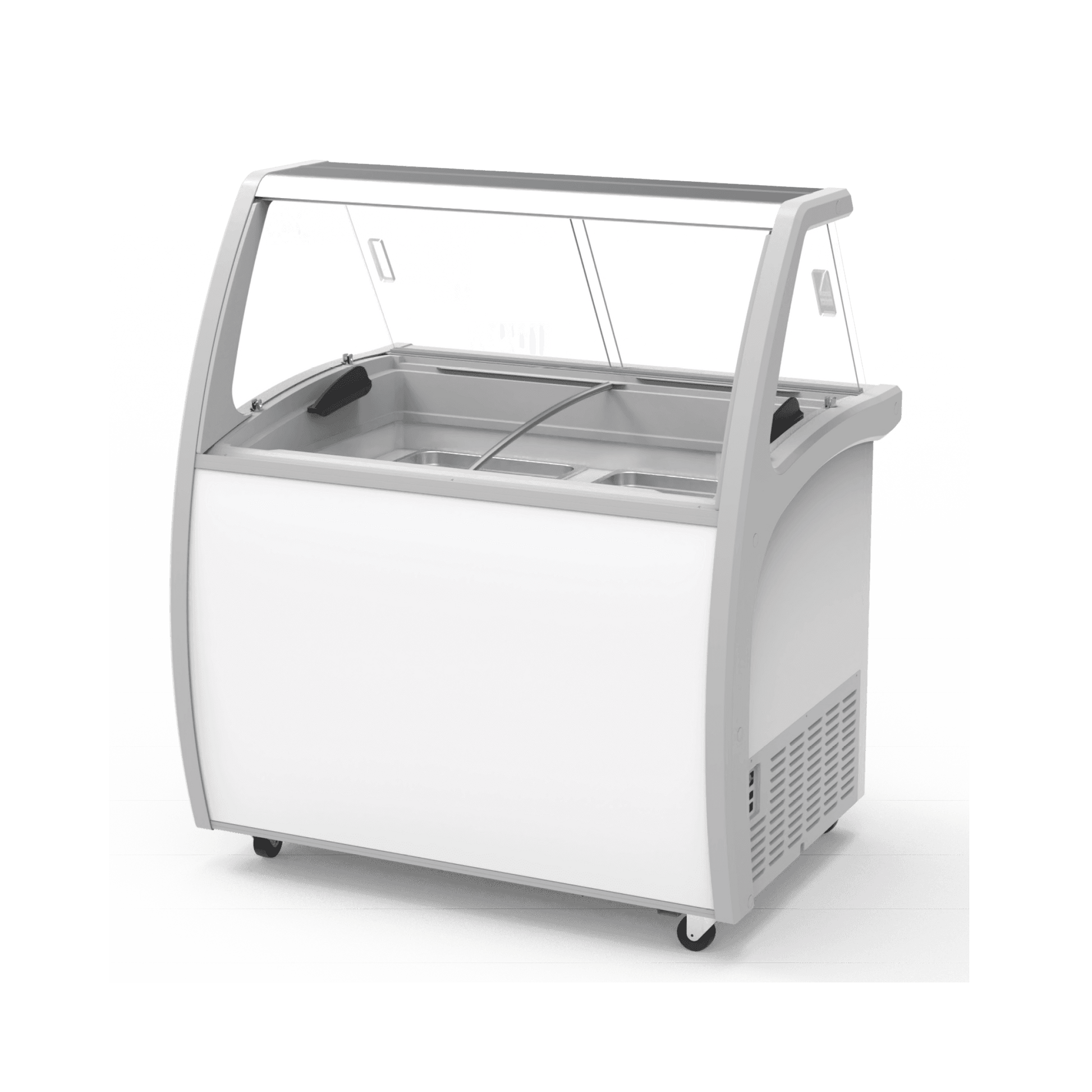 White six-tub ice cream gelato scooping freezer with glass sneeze guard and bottom storage door.