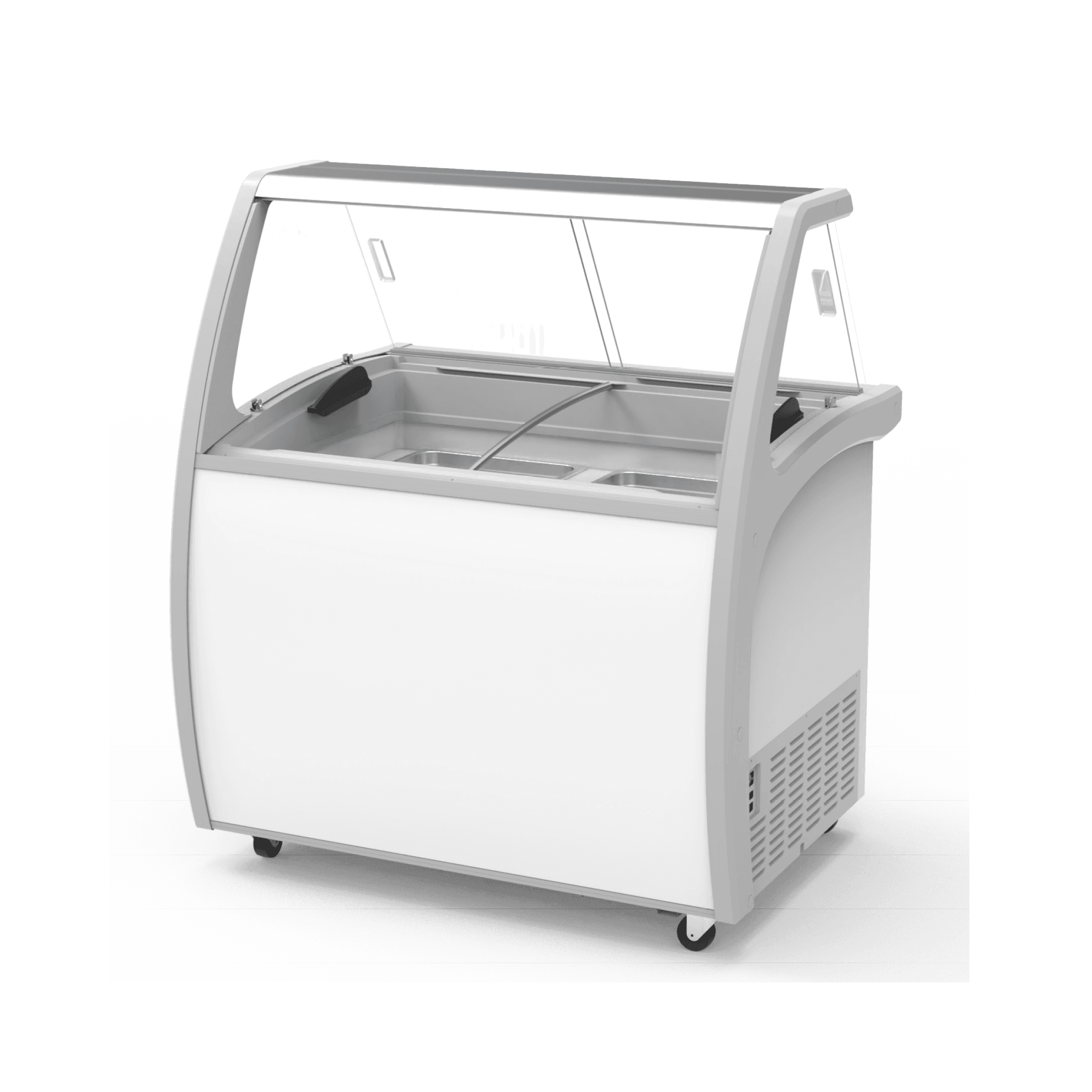 White six-tub ice cream gelato scooping freezer with glass sneeze guard and bottom storage door.
