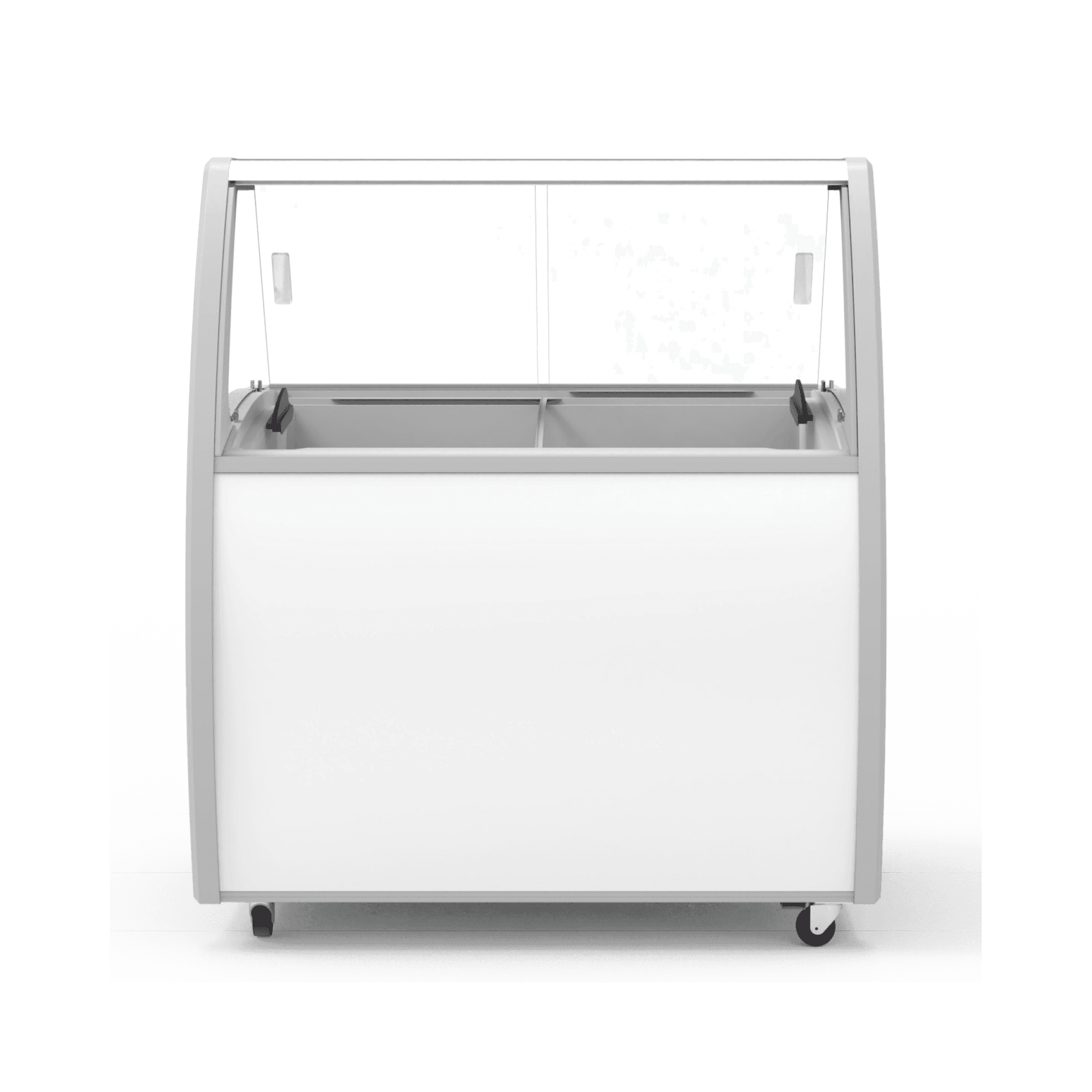 White six-tub ice cream scooping freezer with glass display and bottom storage door.