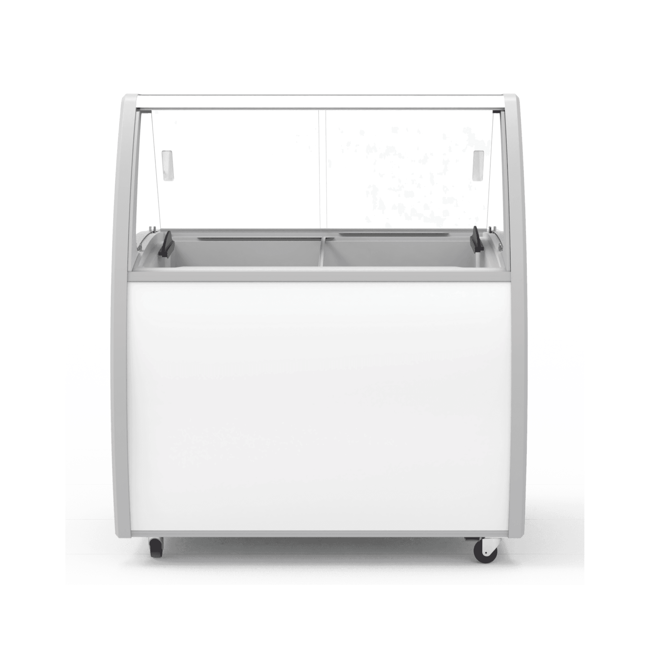 White six-tub ice cream scooping freezer with glass display and bottom storage door.