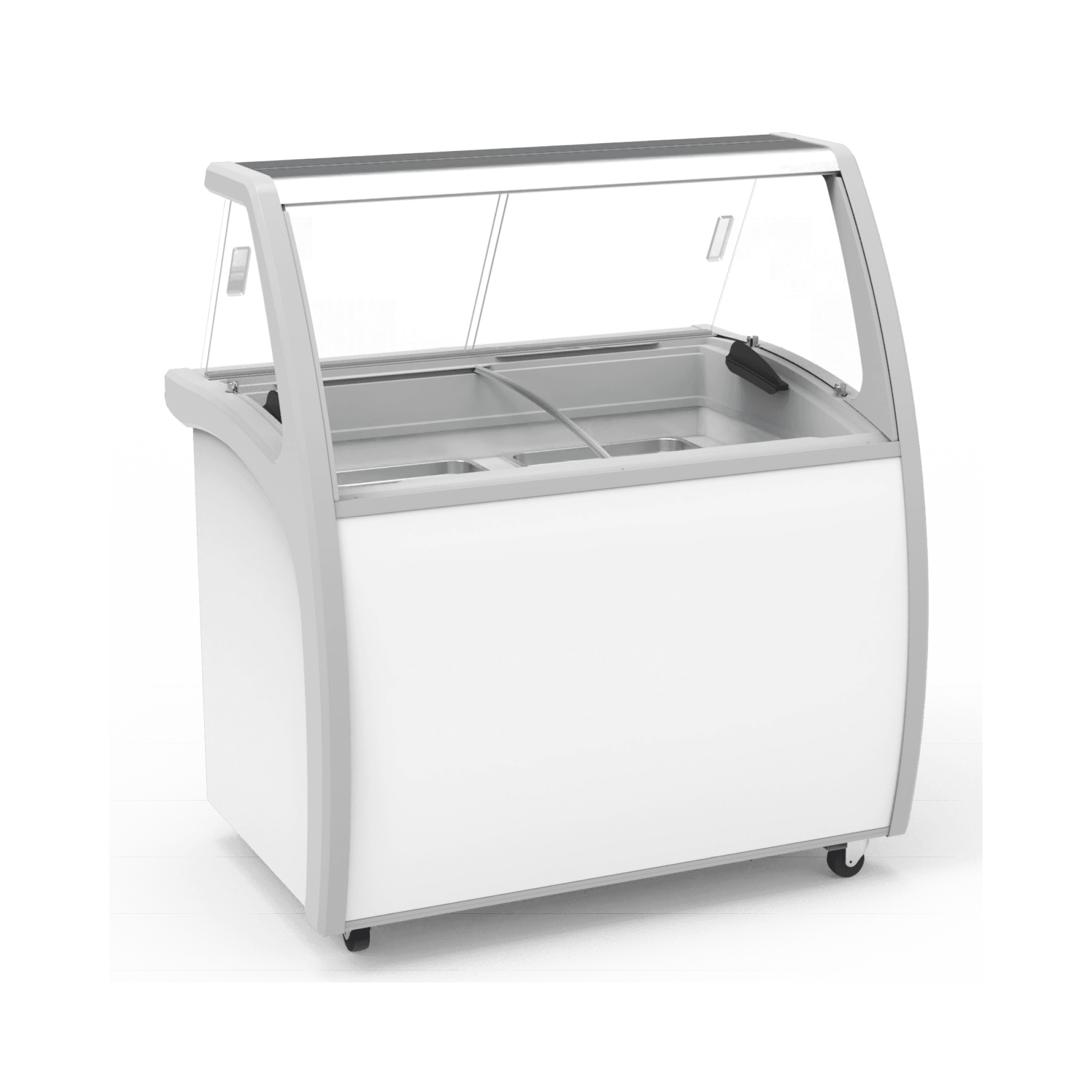White six-tub ice cream gelato scooping freezer with curved glass sneeze guard and bottom storage door.
