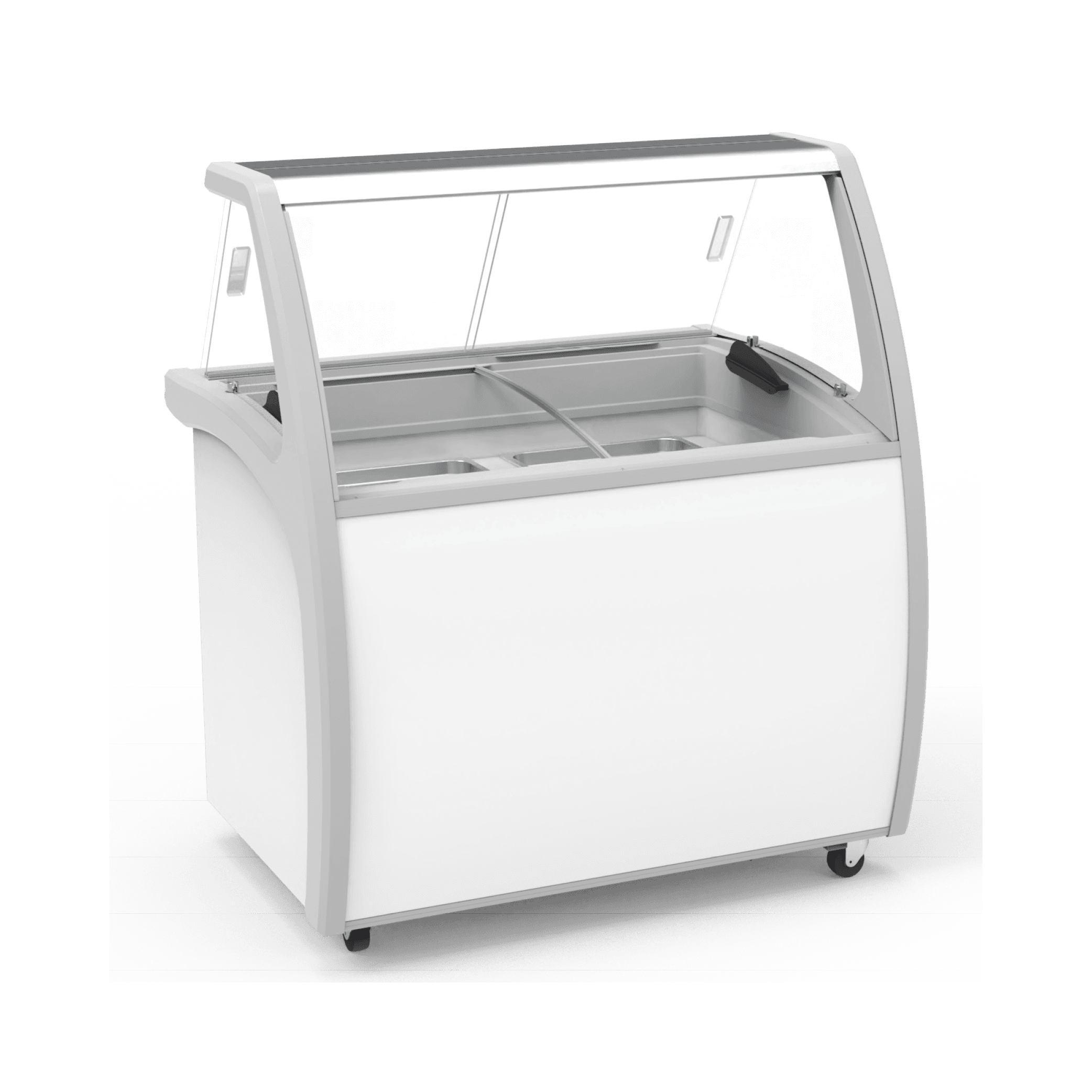 White six-tub ice cream gelato scooping freezer with curved glass sneeze guard and bottom storage door.