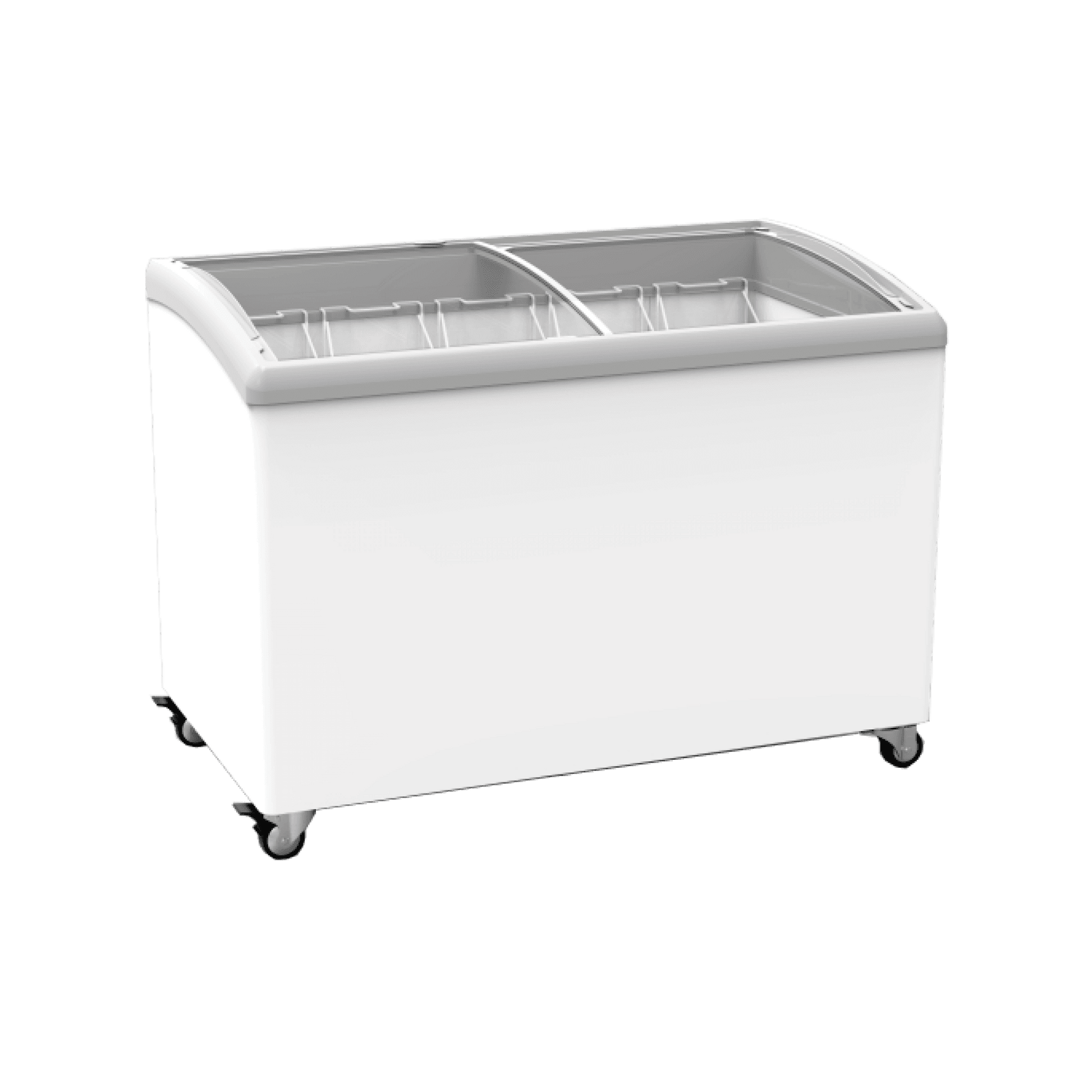 White curved glass display chest freezer with sliding lids and caster wheels.