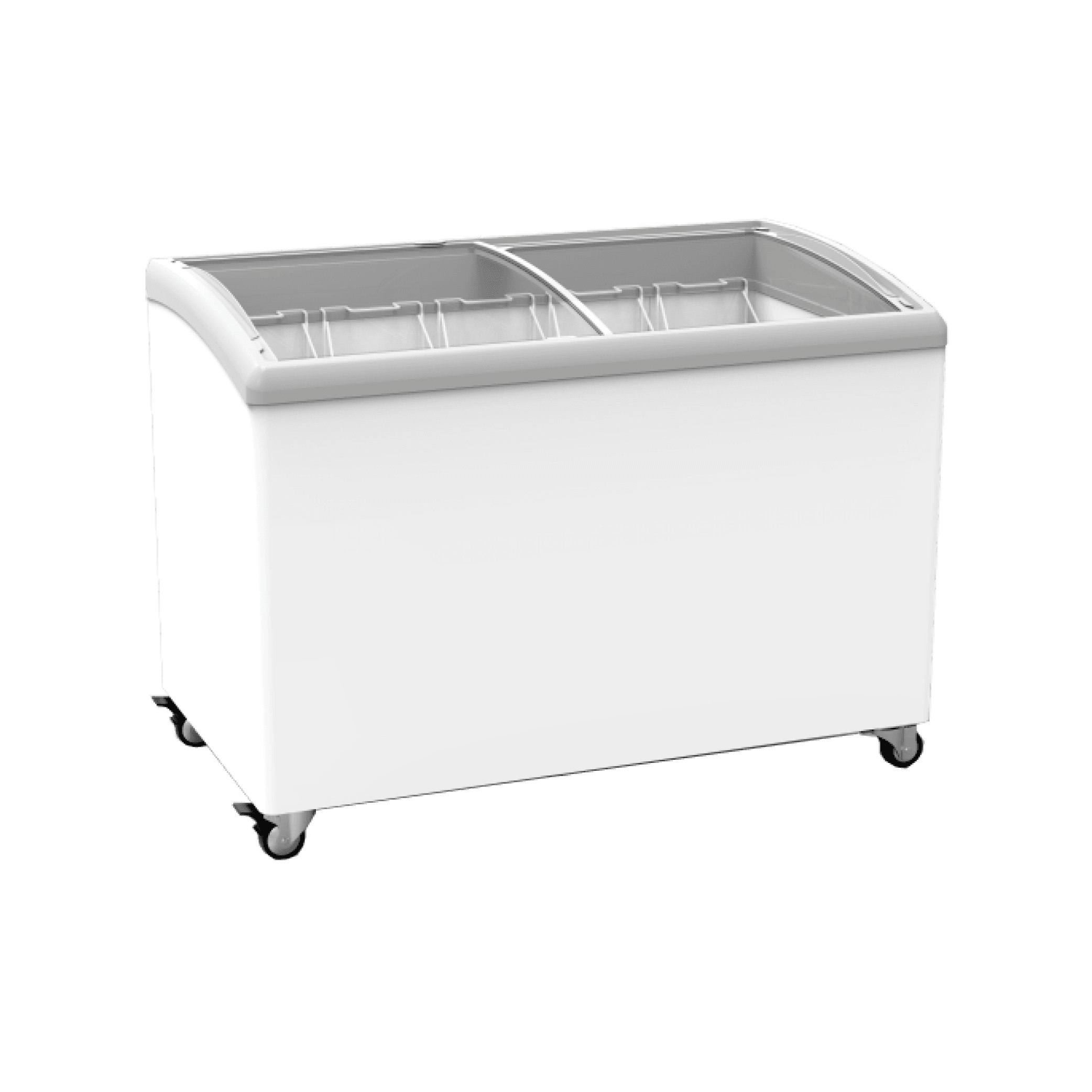 White curved glass display chest freezer with sliding lids and caster wheels.