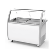 White nine-tub ice cream scooping freezer with glass display, scoop washer, and bottom storage door.