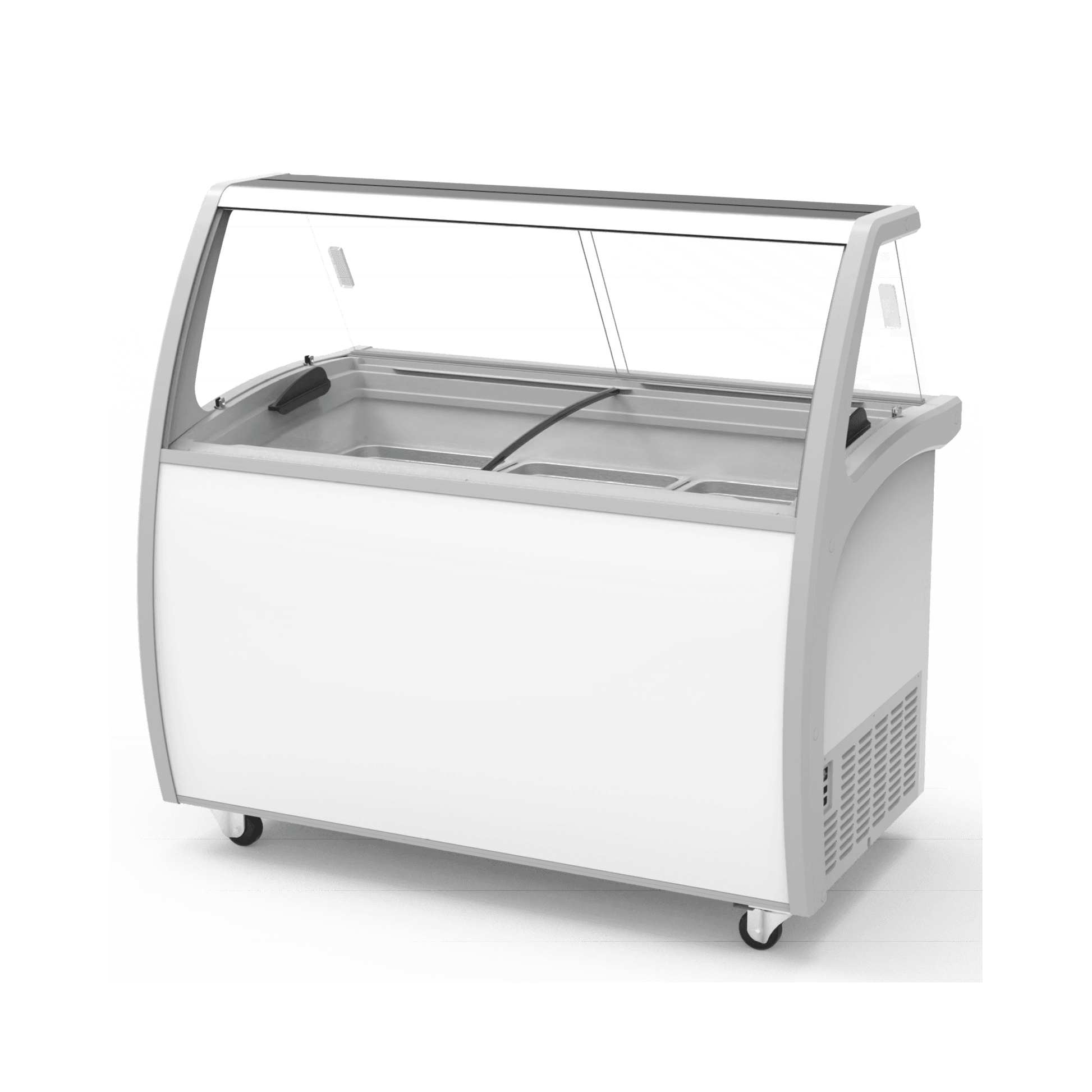 White nine-tub ice cream scooping freezer with glass display, scoop washer, and bottom storage door.