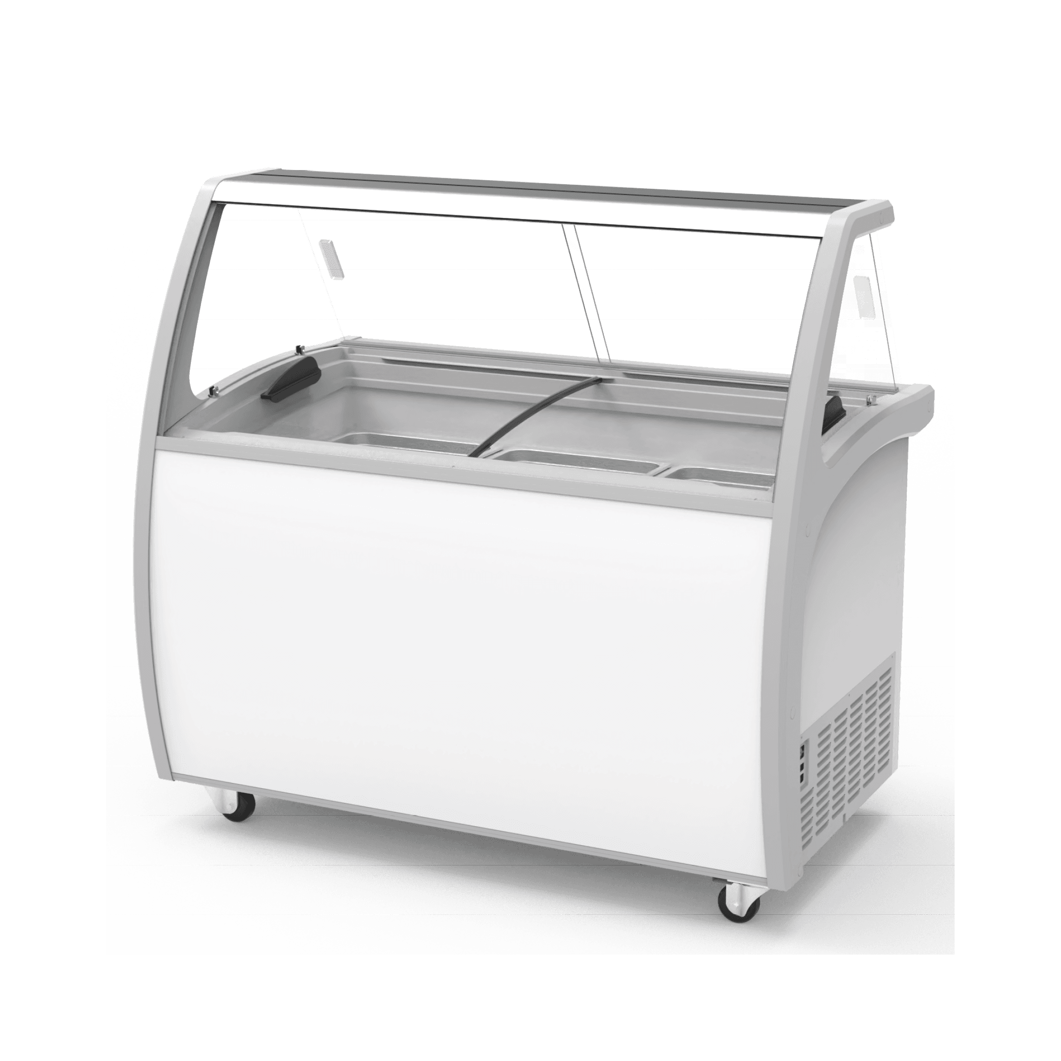 White nine-tub ice cream scooping freezer with glass display, scoop washer, and bottom storage door.