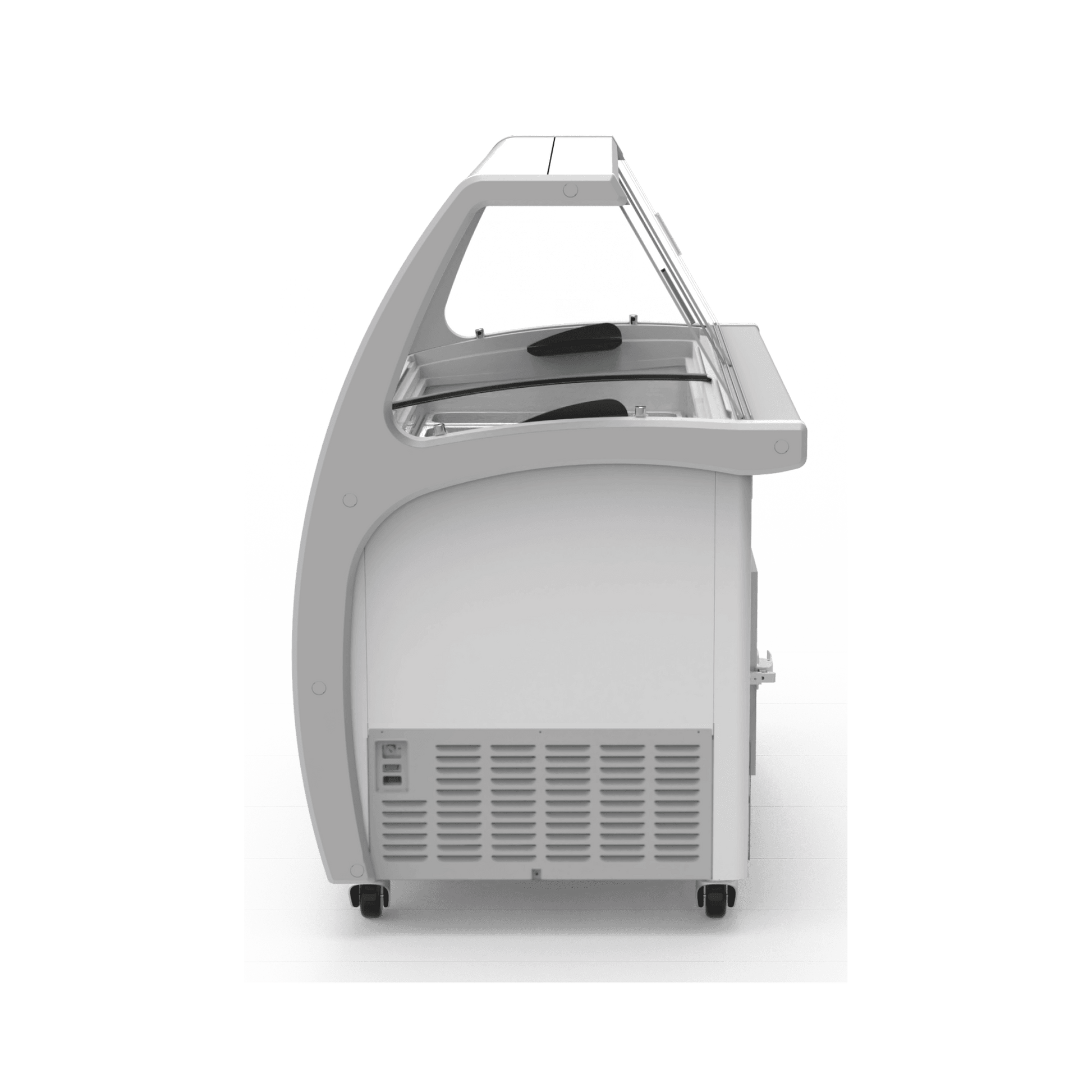 White painted steel and glass ice cream scooping freezer with curved top and ventilation panel on side.