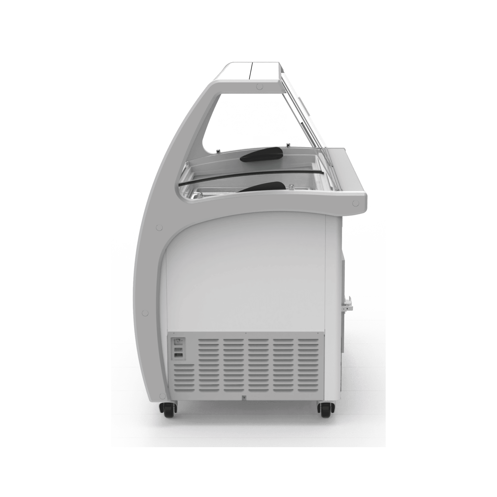 White painted steel and glass ice cream scooping freezer with curved top and ventilation panel on side.