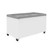 White flat glass top chest freezer on black caster wheels with gray metal frame and sliding glass lids.