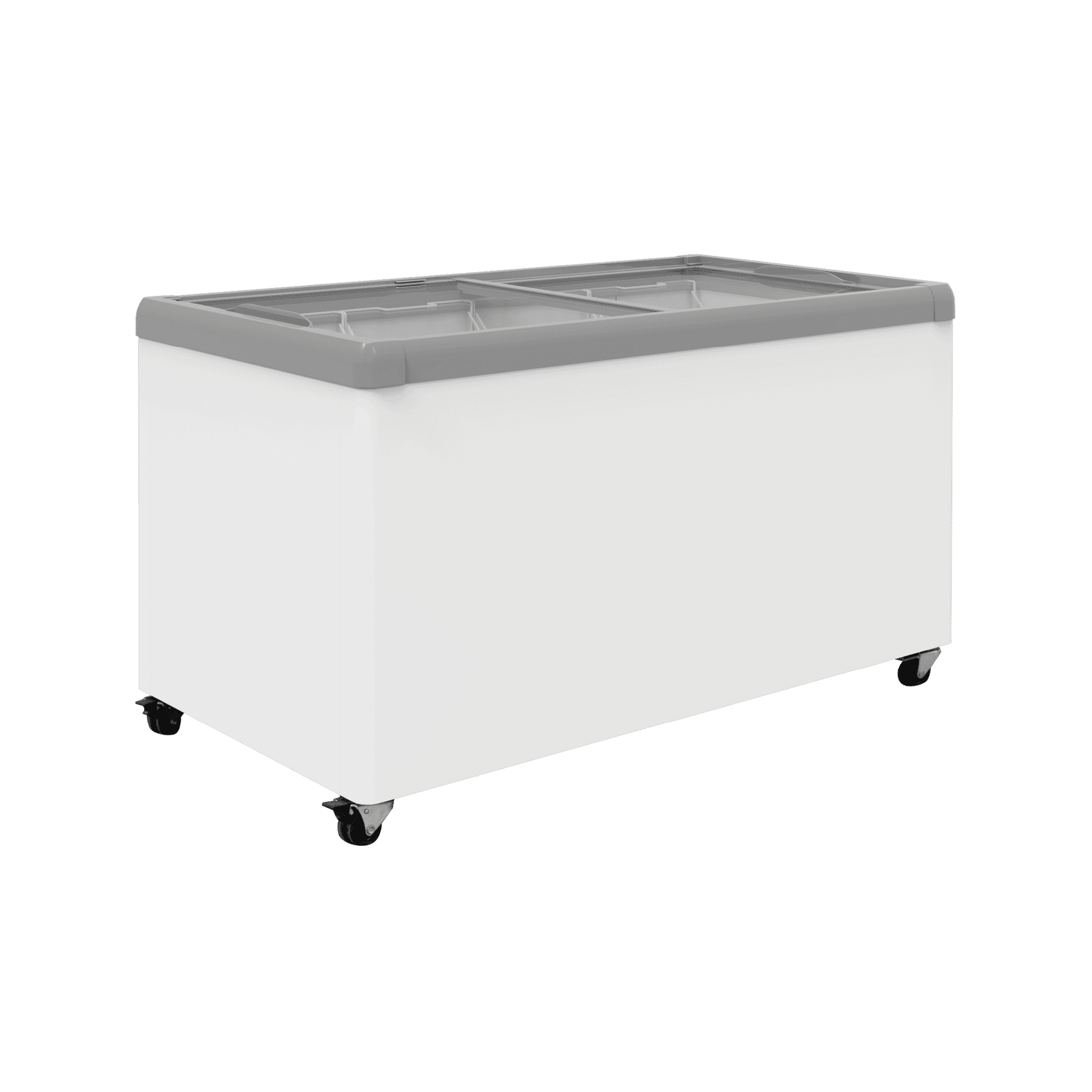 White flat glass top chest freezer on black caster wheels with gray metal frame and sliding glass lids.