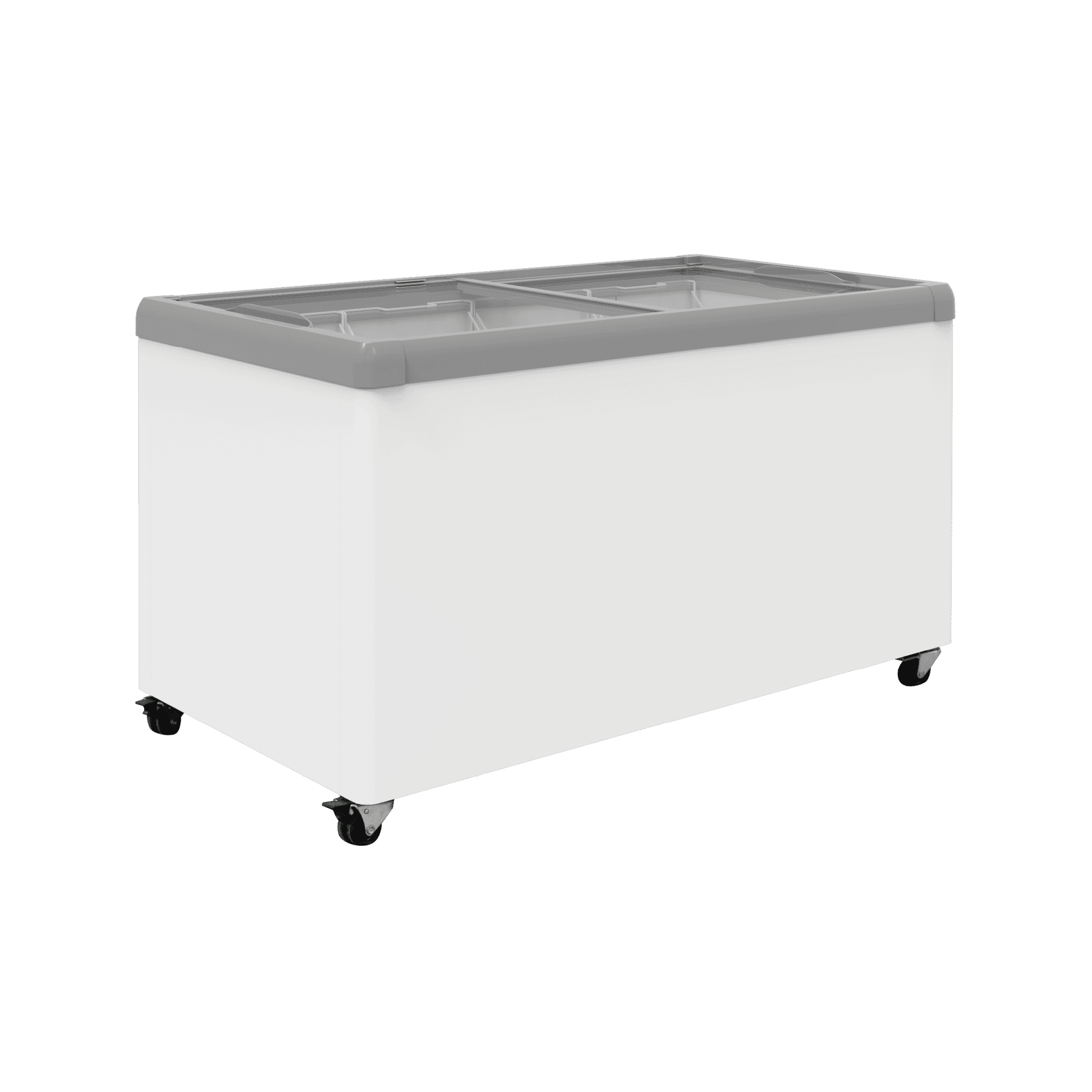 White flat glass top chest freezer on black caster wheels with gray metal frame and sliding glass lids.