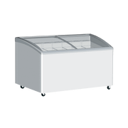 White curved glass display chest freezer with seven wire baskets and caster wheels.